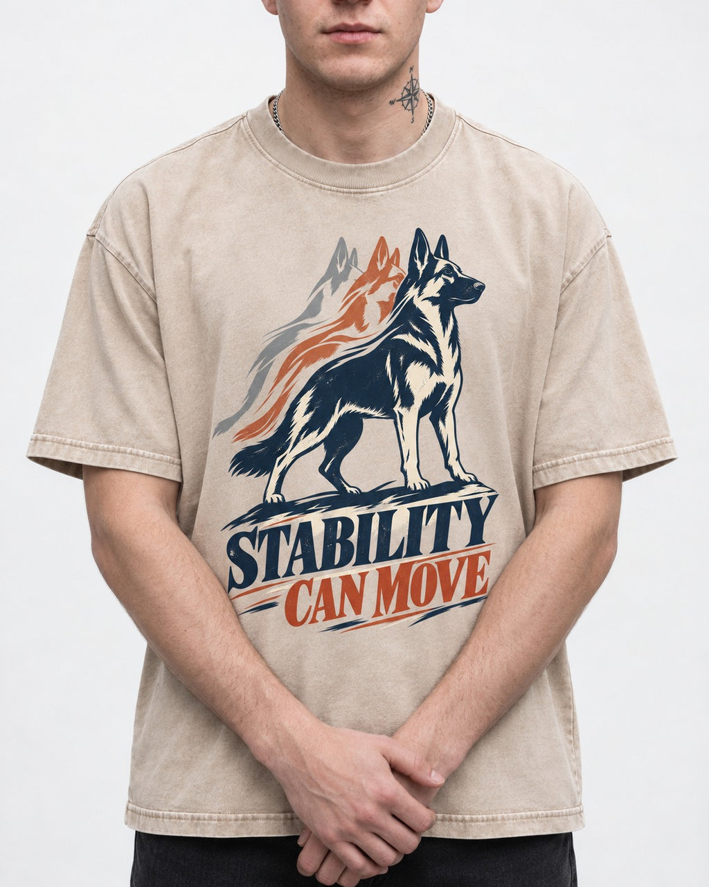 Stability Can Move German Shepherd Dog Washed Tee in Apricot, worn by a model, front view