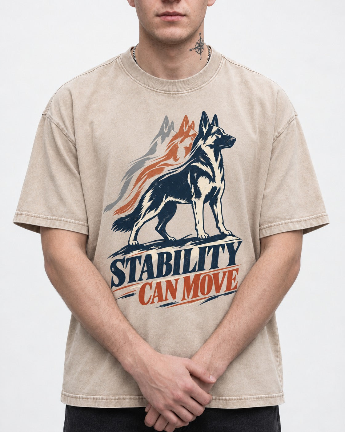 Stability Can Move German Shepherd Dog Washed Tee in Apricot, worn by a model, front view