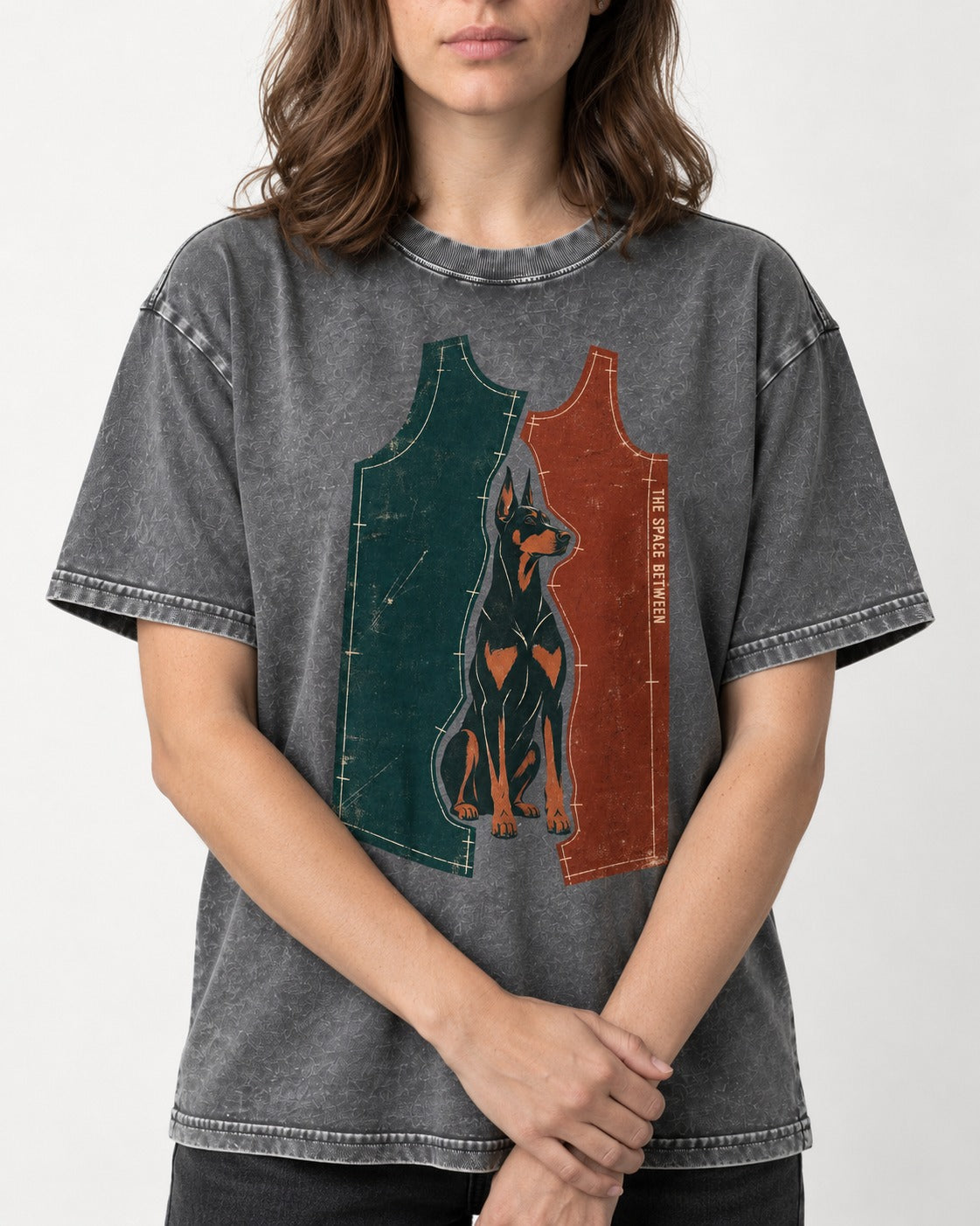 Doberman The Space Between Pattern Pieces Graphic Washed Tee in Gray, worn by a model, front view