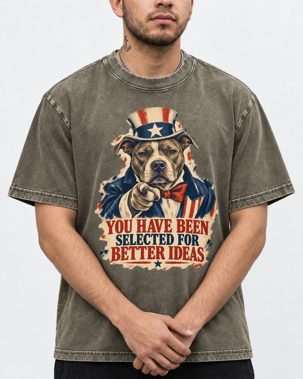 Pitbull You Have Been Selected for Better Ideas Uncle Sam Graphic Washed Tee in Army Green, worn by a model, front view