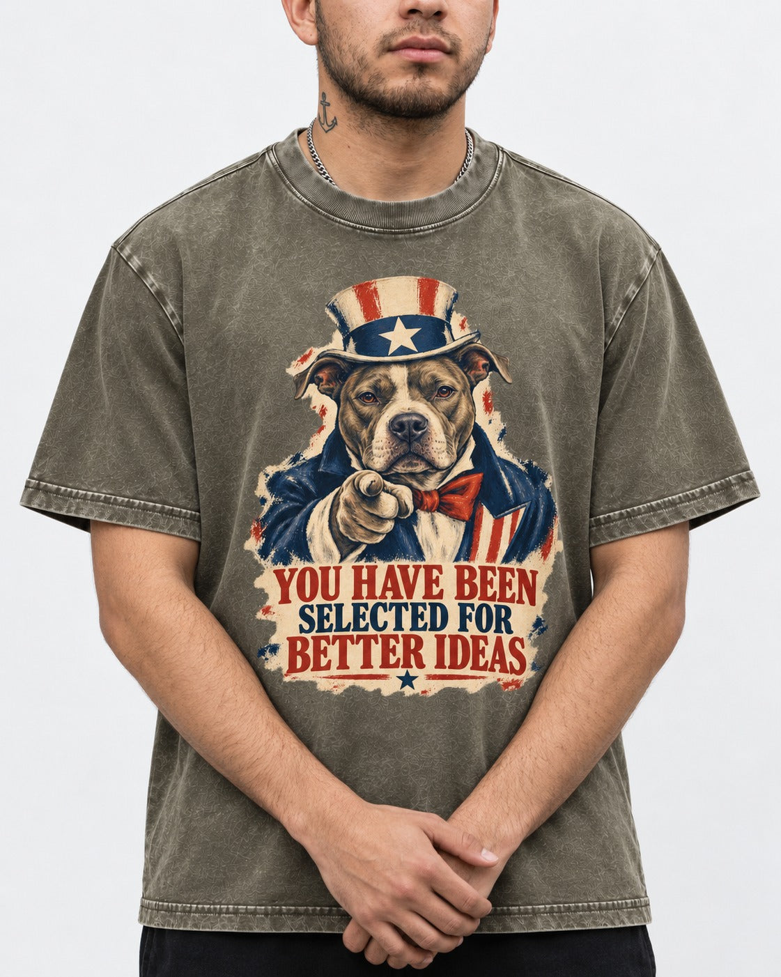 Pitbull You Have Been Selected for Better Ideas Uncle Sam Graphic Washed Tee in Army Green, worn by a model, front view