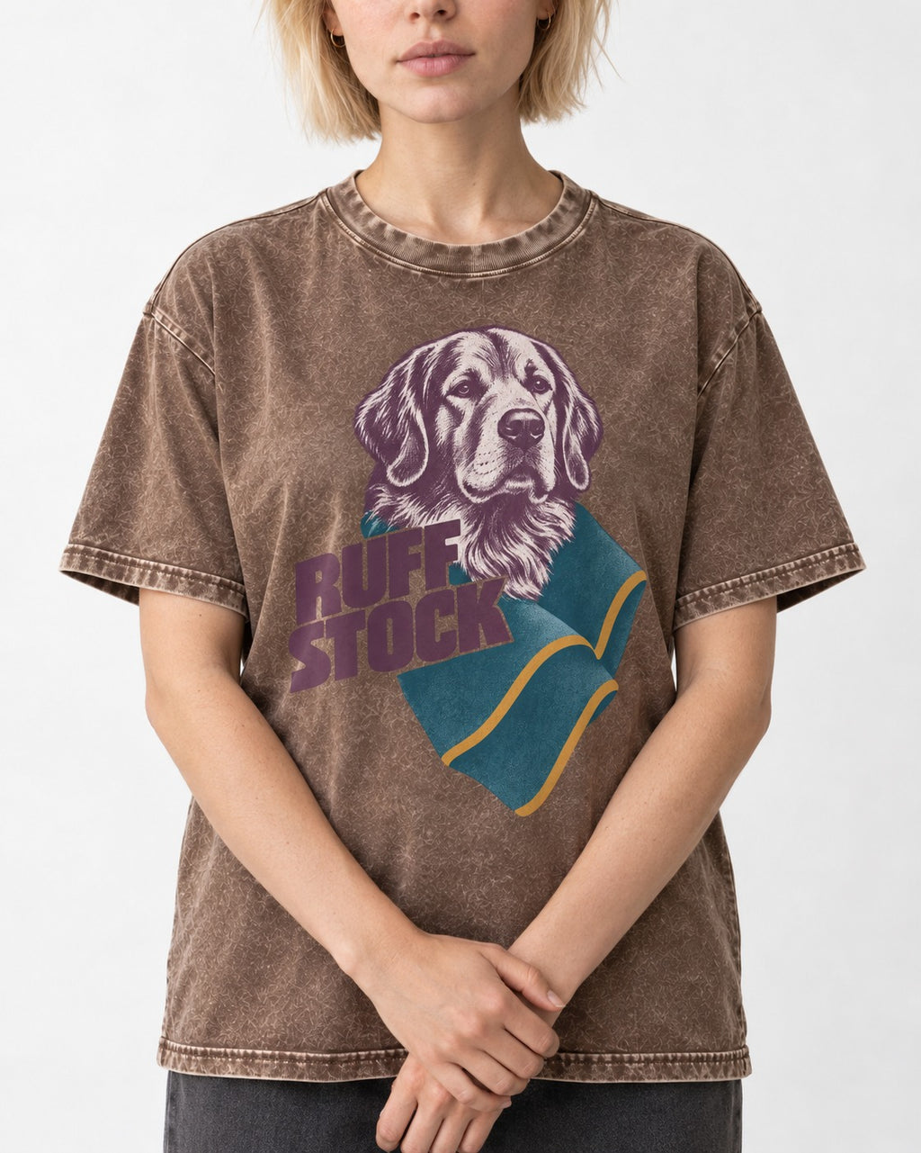 Golden Retriever Ruff Stock Washed Tee in Coffee, worn by a model, front view
