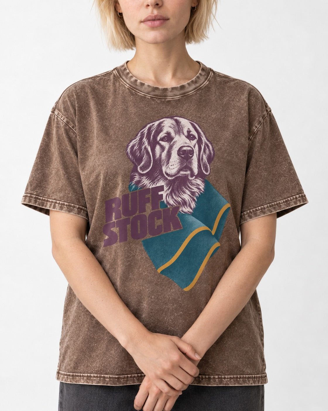 Golden Retriever Ruff Stock Washed Tee in Coffee, worn by a model, front view