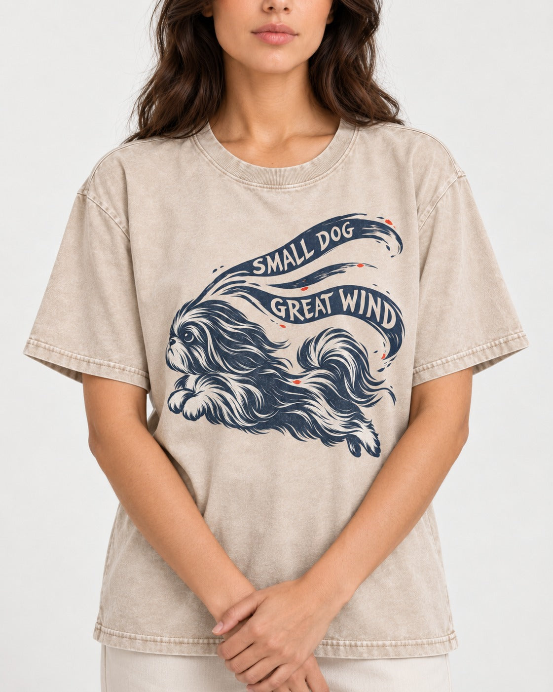 Small Shih Tzu Great Wind Washed Tee in Apricot, worn by a model, front view