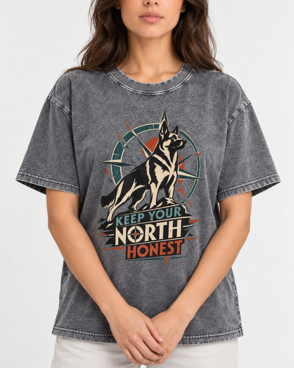 Keep Your North Honest Compass German Shepherd Dog Graphic Washed Tee in Gray, worn by a model, front view