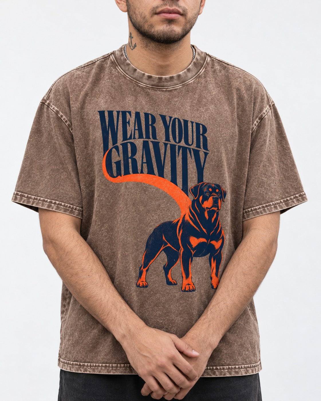 Wear Your Gravity Rottweiler Washed Tee in Coffee, worn by a model, front view