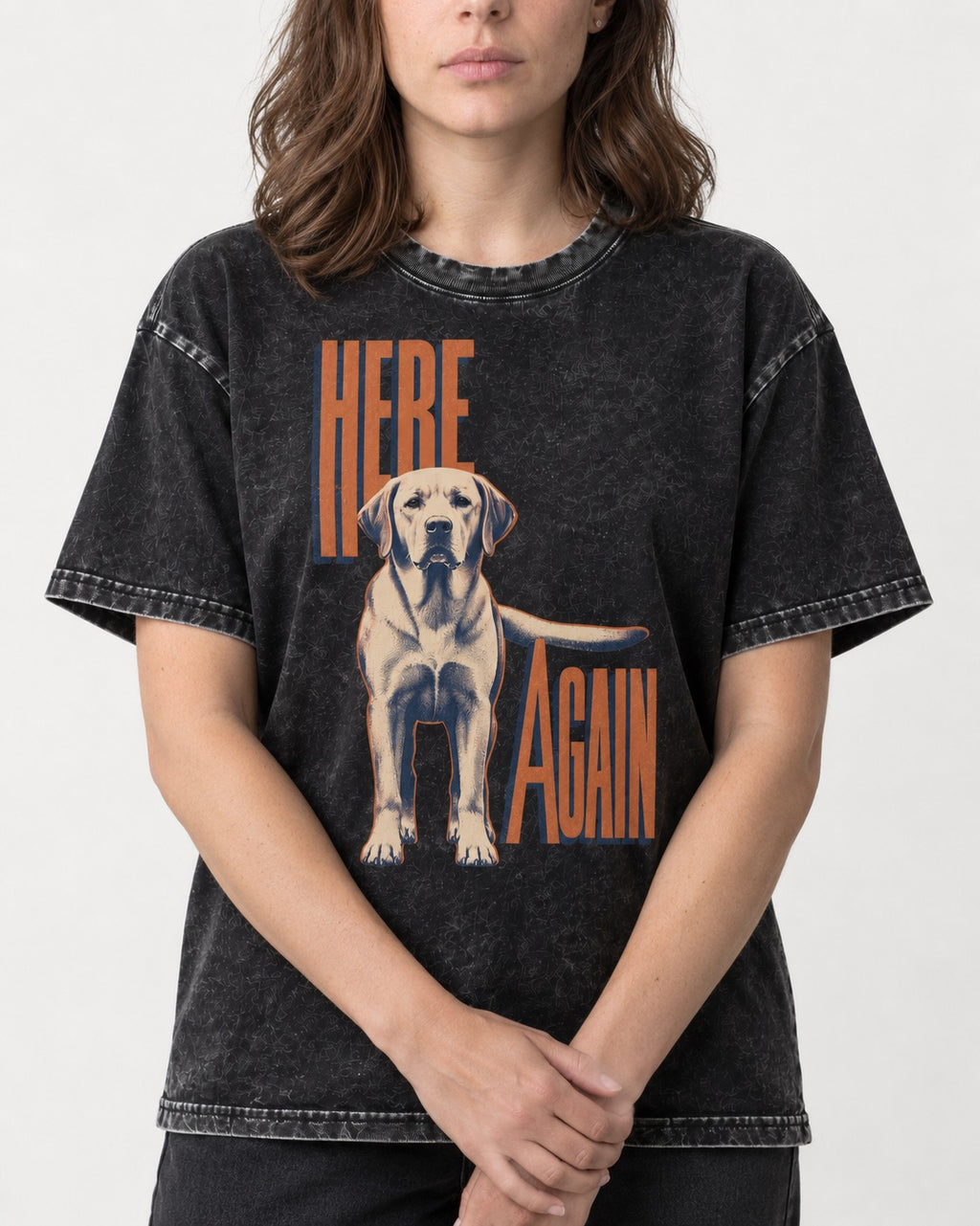 Labrador Retriever Here Again Standing Typography Graphic Washed Tee in Black, worn by a model, front view