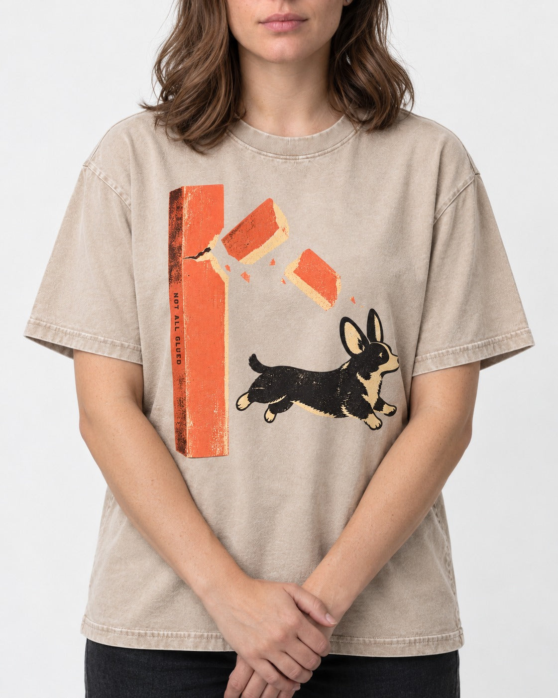 Not All Glued Corgi Washed Tee in Apricot, worn by a model, front view