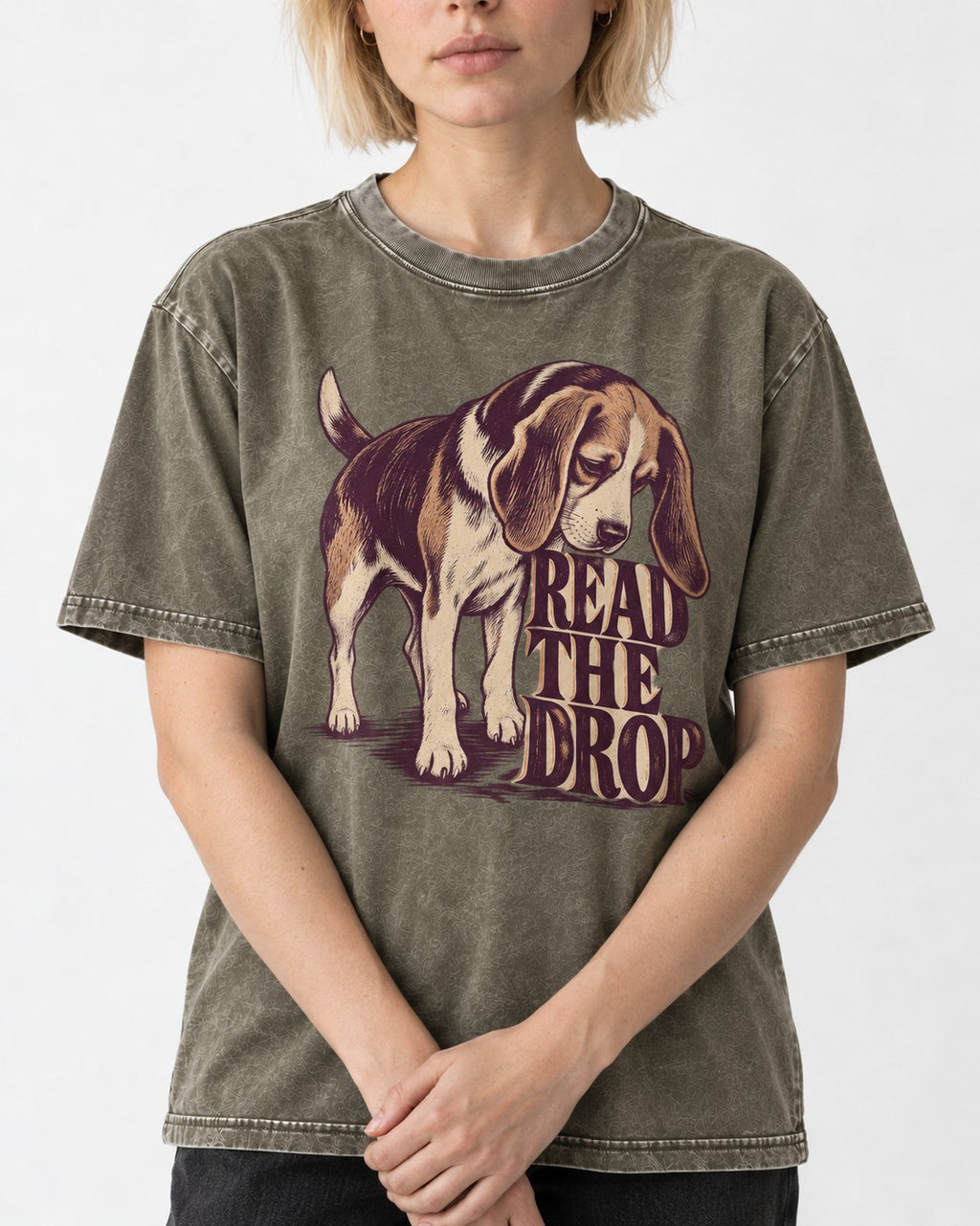 Beagle Read The Drop Washed Tee in Army Green, worn by a model, front view