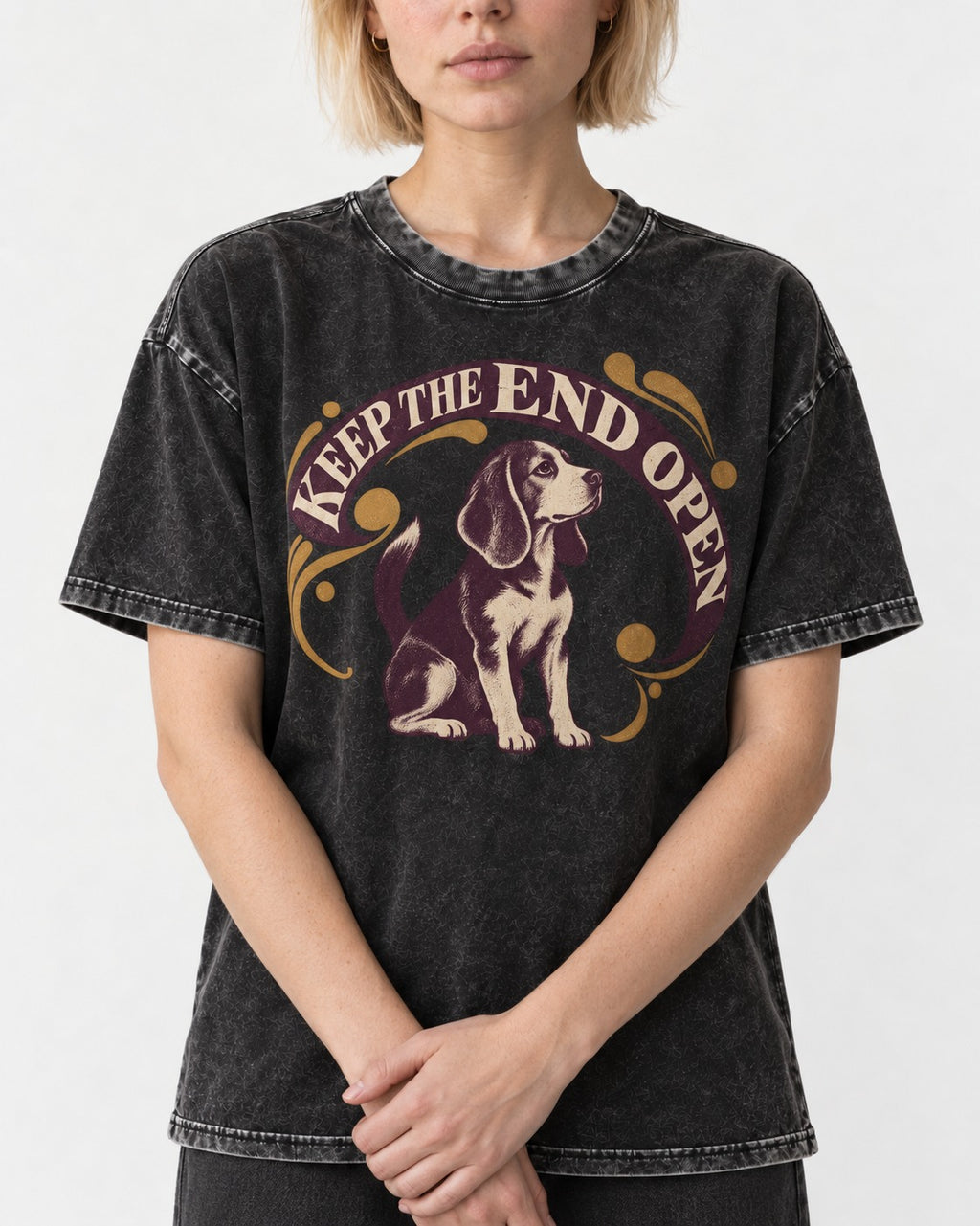 Beagle Keep The End Open Ornamental Graphic Washed Tee in Black, worn by a model, front view