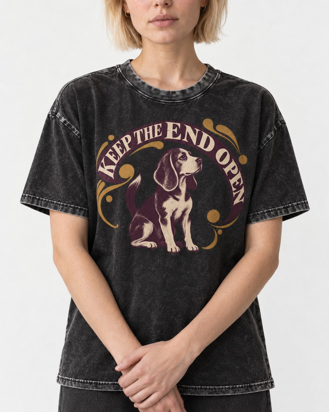 Beagle Keep The End Open Ornamental Graphic Washed Tee in Black, worn by a model, front view