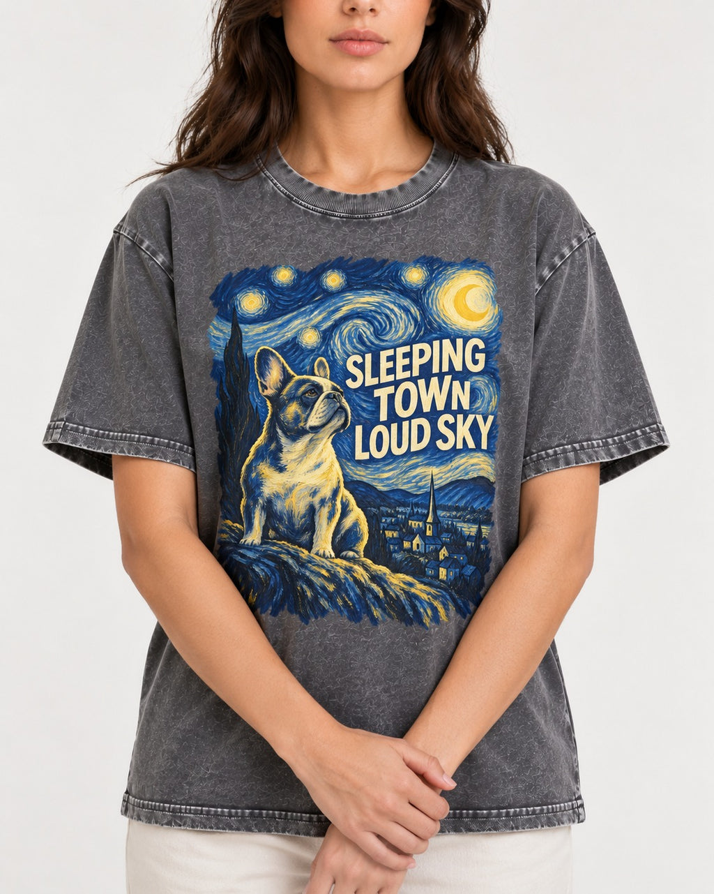 Frenchie Sleeping Town Loud Sky Graphic Washed Tee in Gray, worn by a model, front view