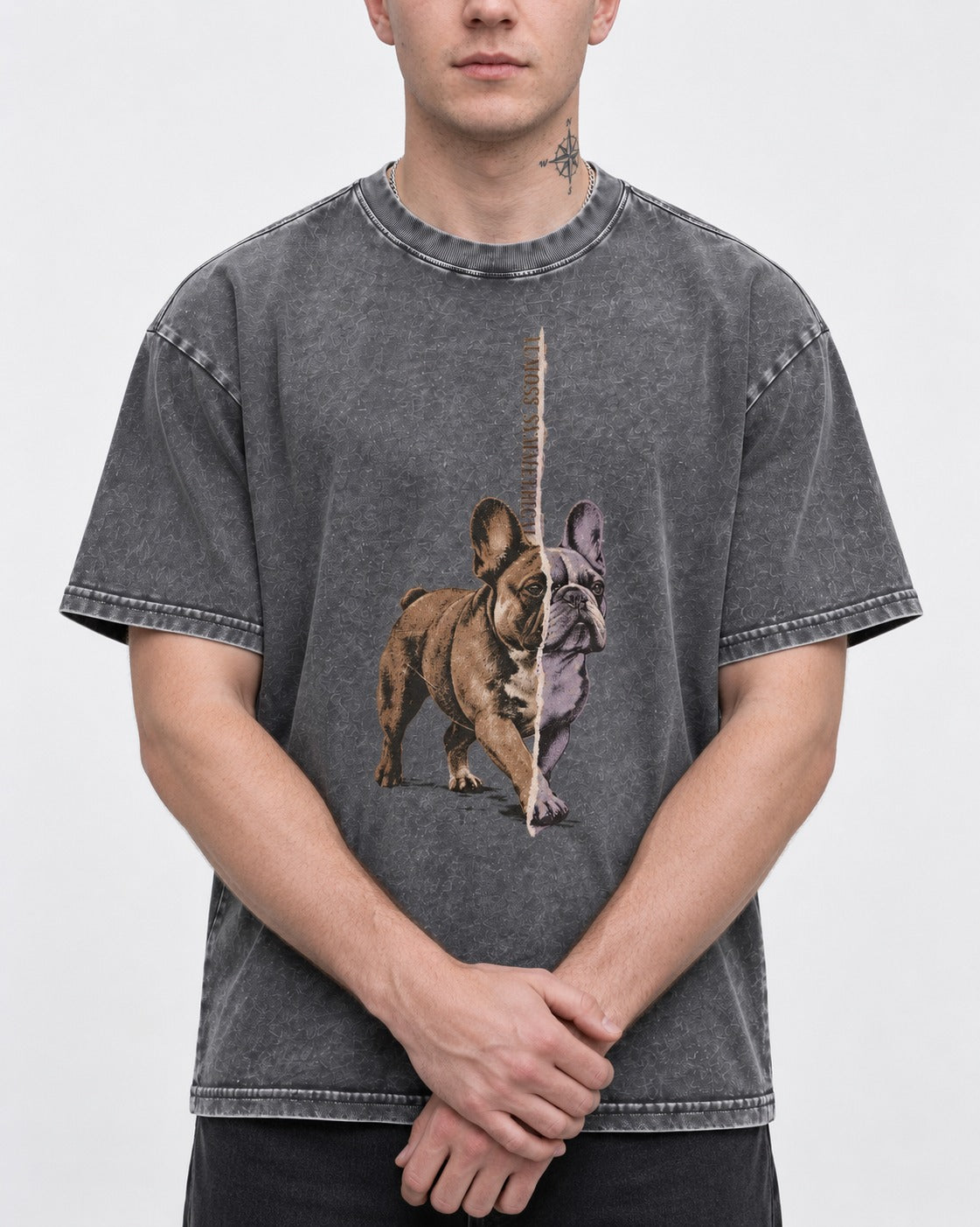 Frenchie Almost Symmetrical Torn Split Graphic Washed Tee in Gray, worn by a model, front view