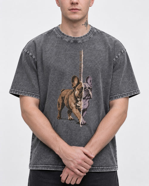 Almost Symmetrical Frenchie Washed Tee in Gray, worn by a model, front view