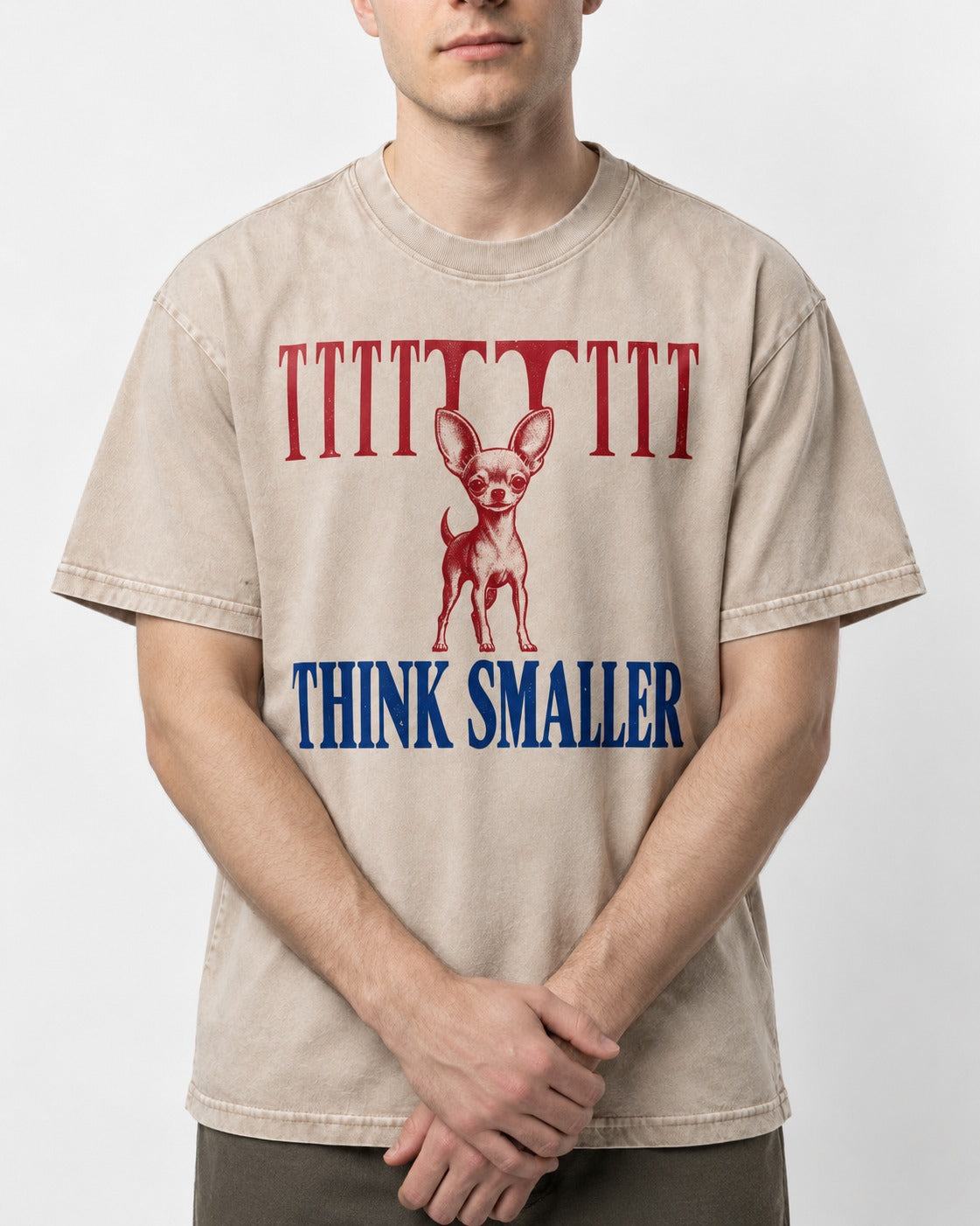 Think Smaller Chihuahua Washed Tee in Apricot, worn by a model, front view