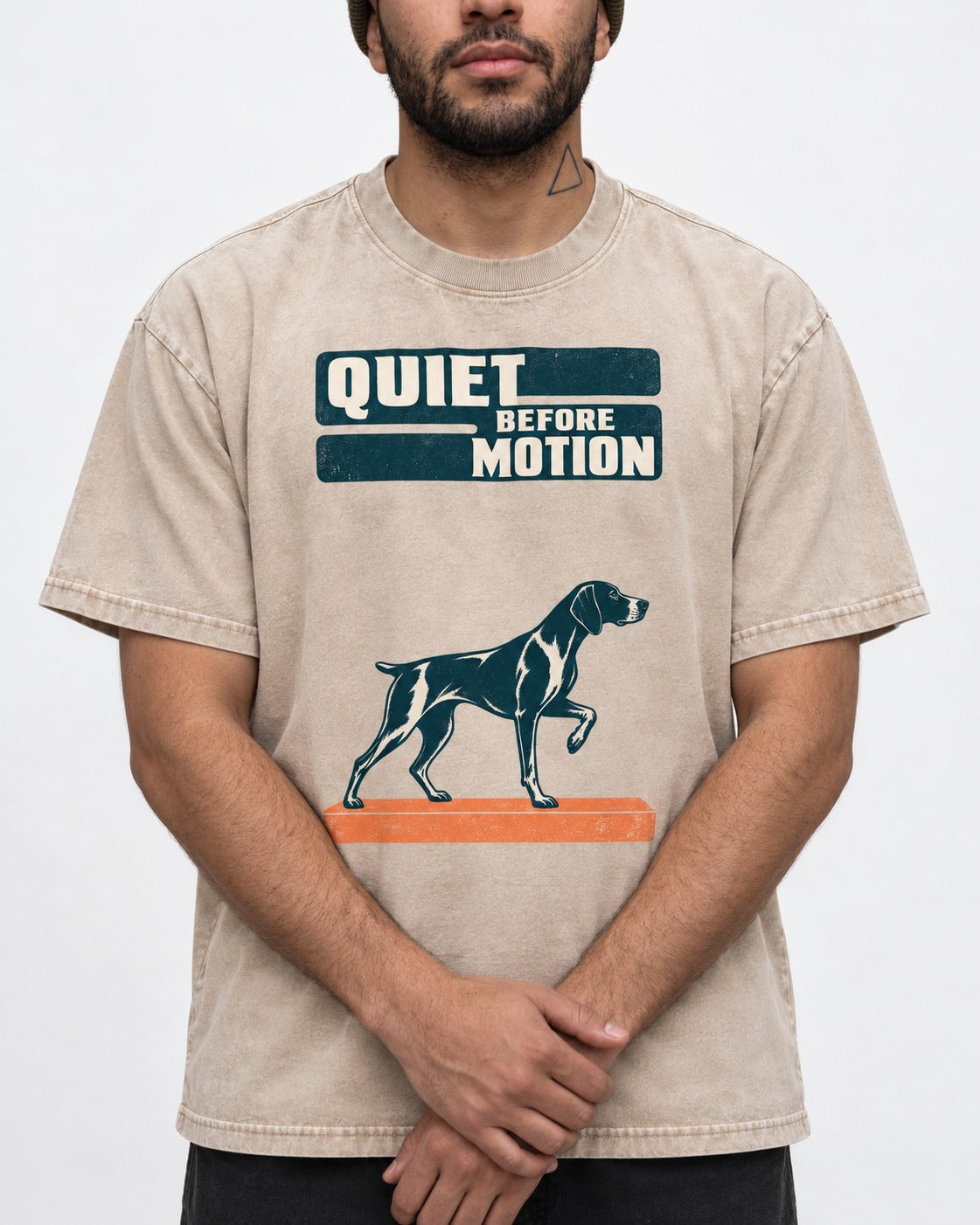 Quiet Before Motion German Shorthaired Pointer Washed Tee in Apricot, worn by a model, front view