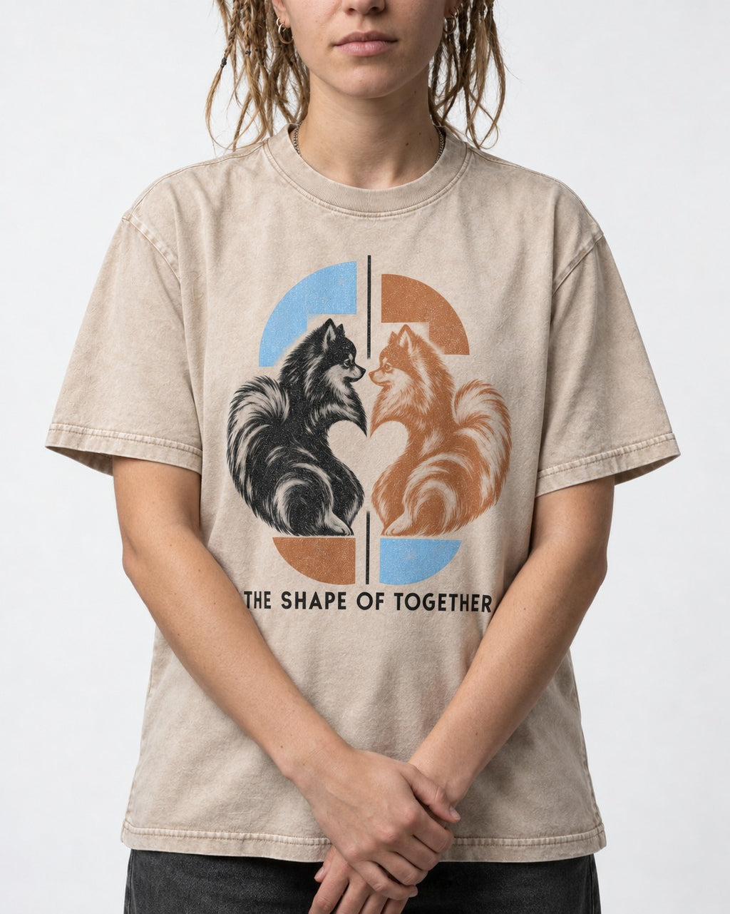 Pomeranian The Shape of Together Washed Tee in Apricot, worn by a model, front view