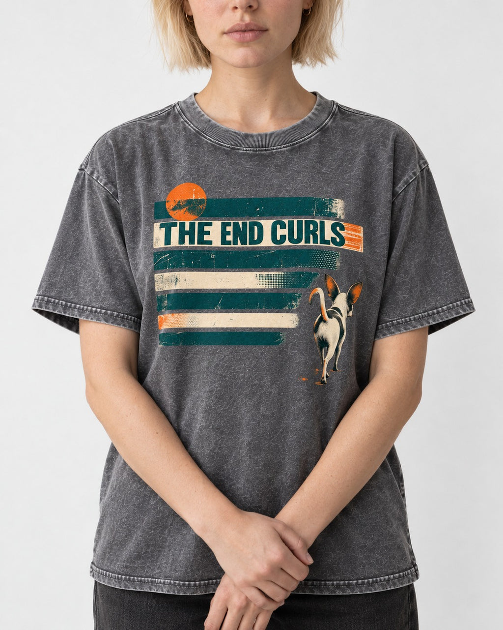 Chihuahua The End Curls Retro Stripe Graphic Washed Tee in Gray, worn by a model, front view