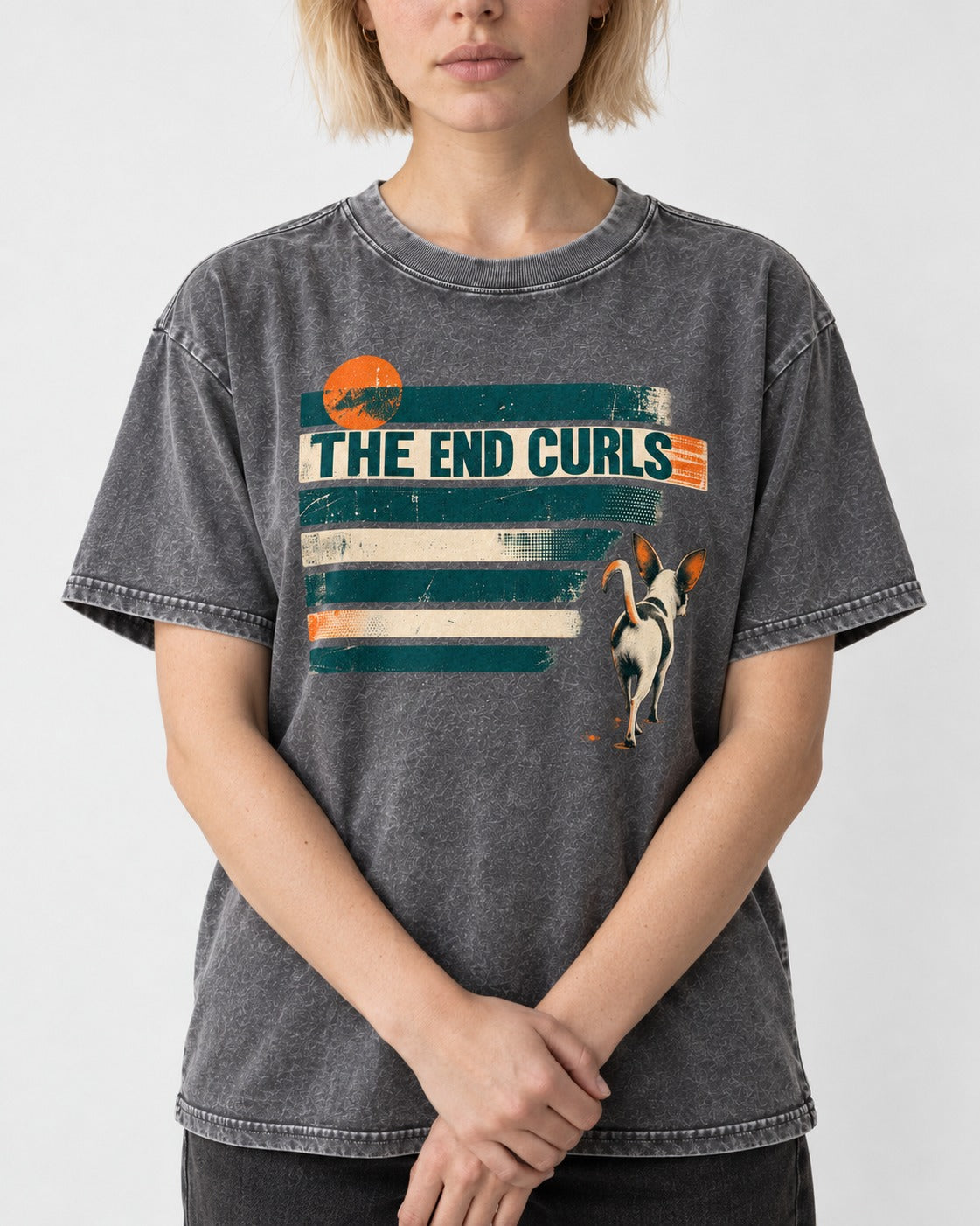 Chihuahua The End Curls Retro Stripe Graphic Washed Tee in Gray, worn by a model, front view
