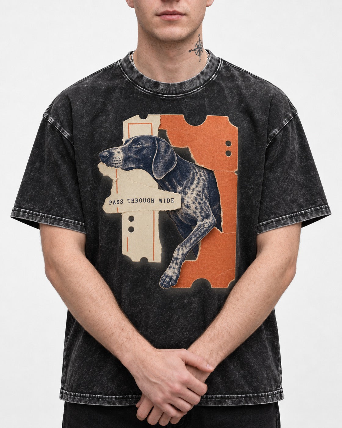 German Shorthaired Pointer Pass Through Wide Ticket Graphic Washed Tee in Black, worn by a model, front view