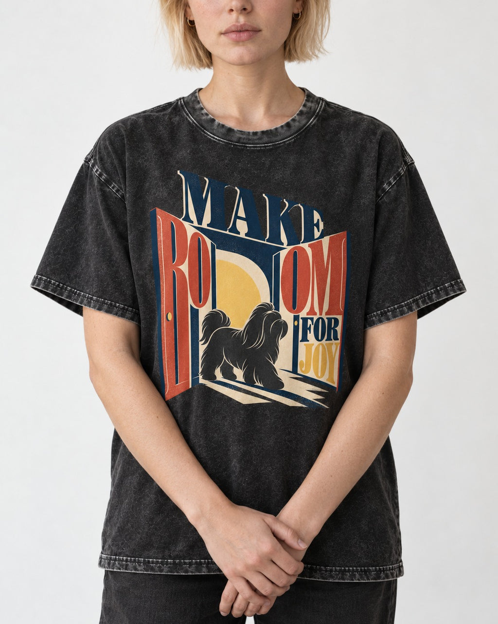 Shih Tzu Make Room for Joy Doorway Graphic Washed Tee in Black, worn by a model, front view