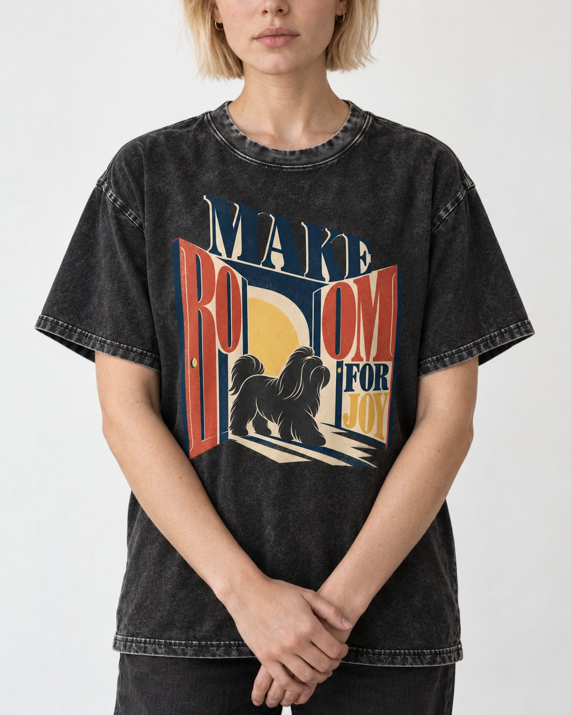 Shih Tzu Make Room for Joy Doorway Graphic Washed Tee in Black, worn by a model, front view