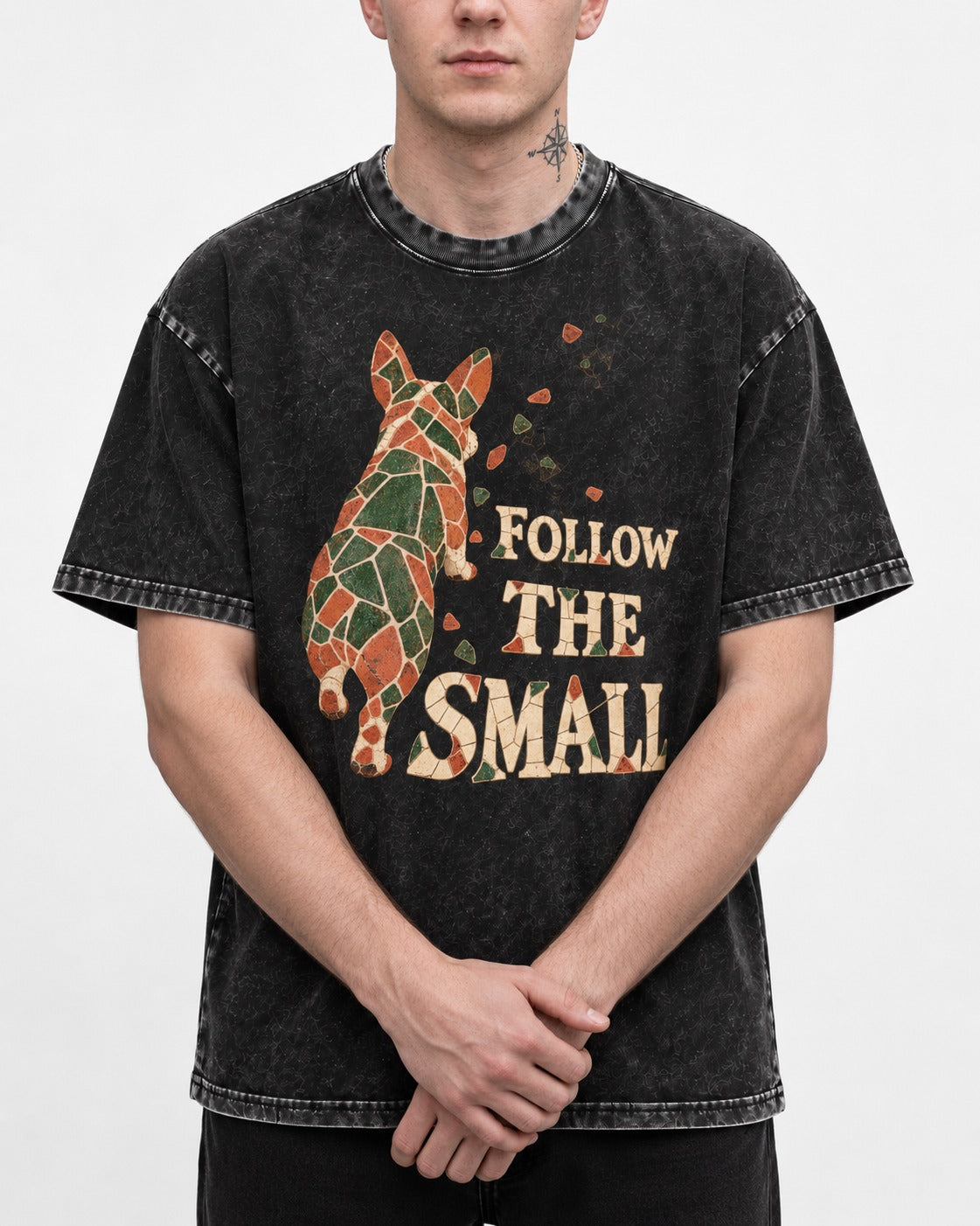 Corgi Follow the Small Mosaic Washed Tee in Black, worn by a model, front view