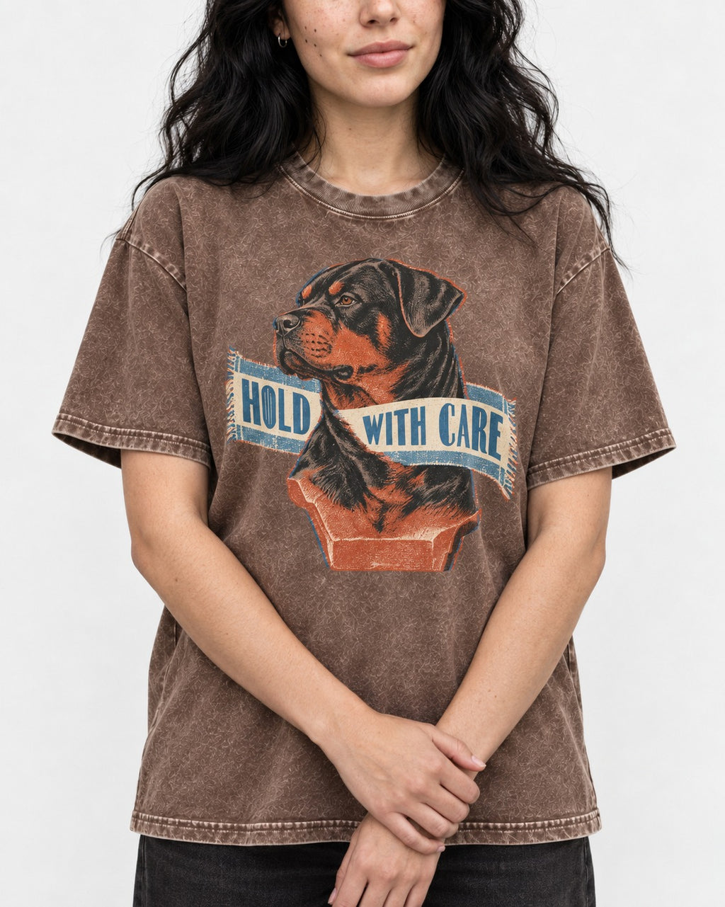 Rottweiler Hold with Care Washed Tee in Coffee, worn by a model, front view