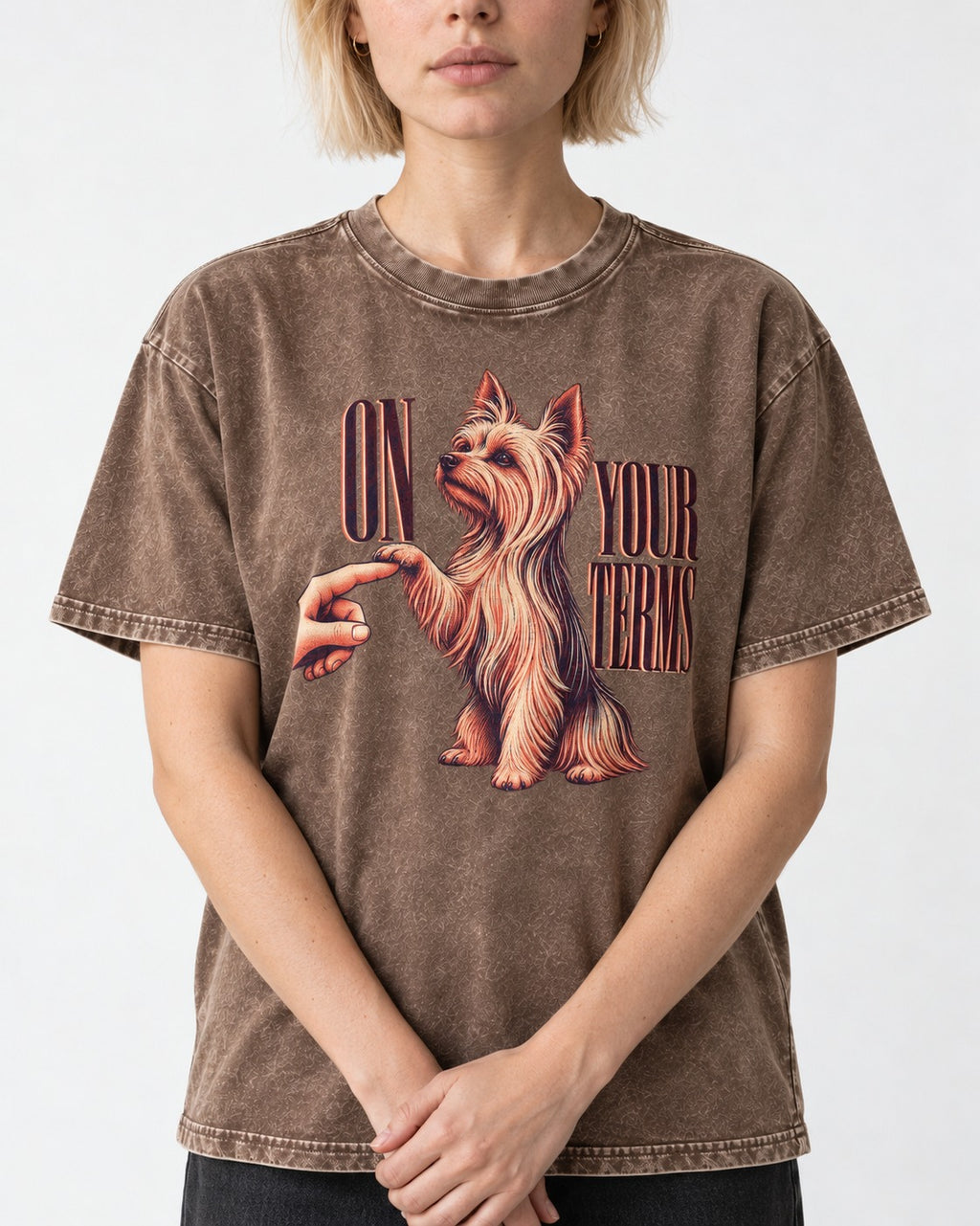 Yorkshire Terrier On Your Terms Washed Tee in Coffee, worn by a model, front view
