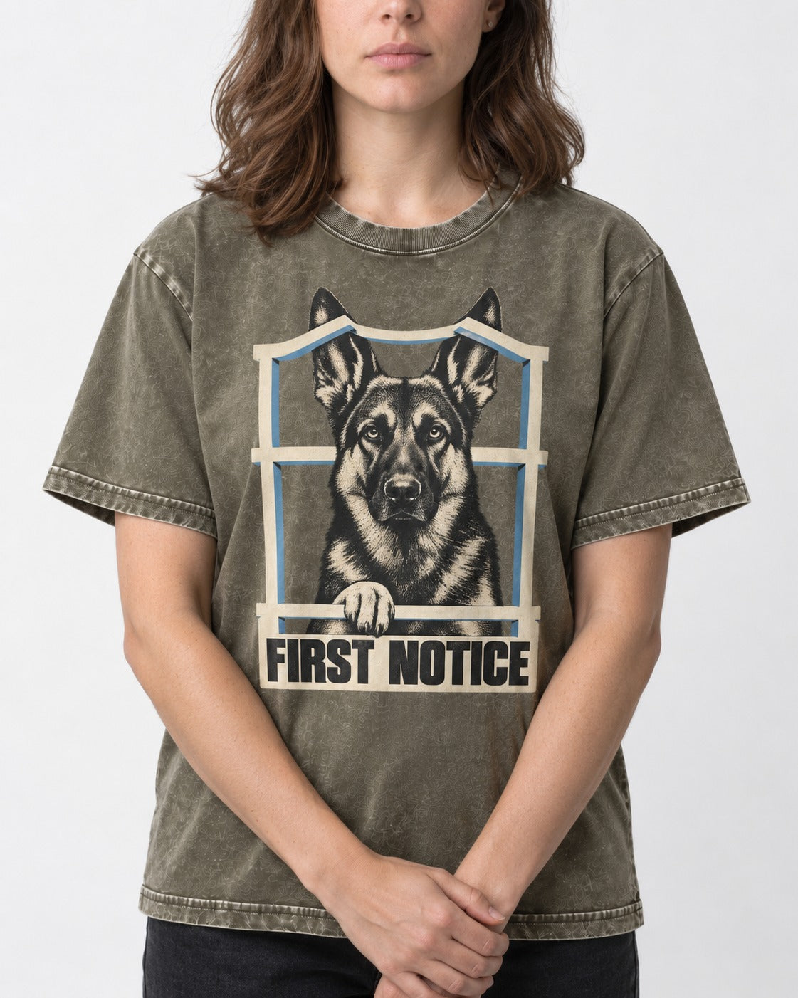 First Notice Window German Shepherd Dog Graphic Washed Tee in Army Green, worn by a model, front view