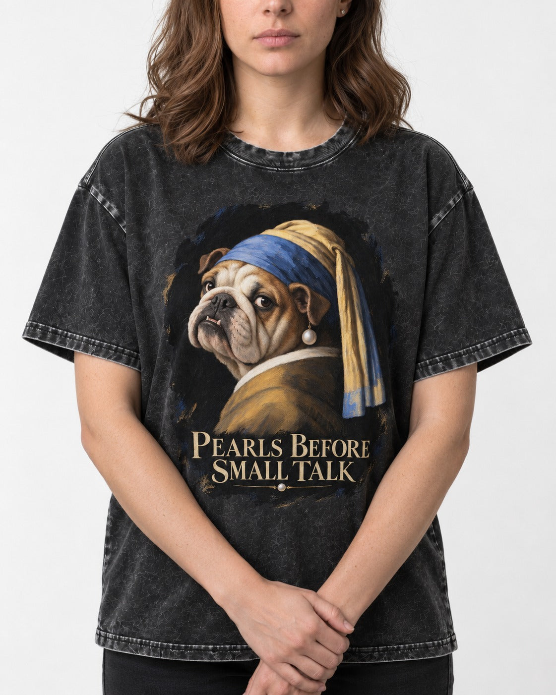English Bulldog Pearls Before Small Talk Portrait Washed Tee in Black, worn by a model, front view