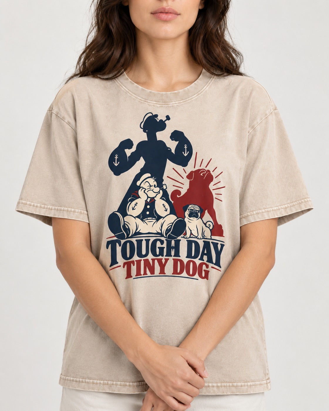 Tough Day Tiny Pug Washed Tee in Apricot, worn by a model, front view