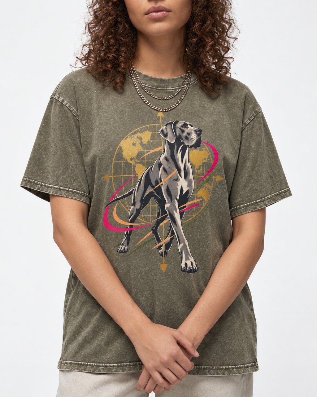 Great Dane Striding Globe Orbit Graphic Washed Tee in Army Green, worn by a model, front view