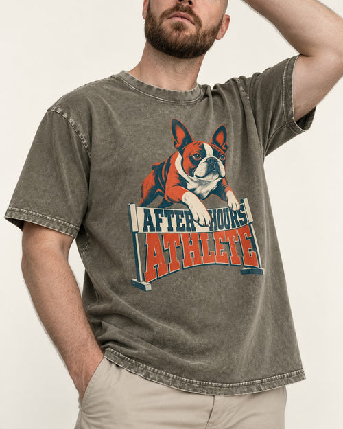 After Hours Athlete Boston Terrier Washed Tee in Army Green, worn by a model, front view