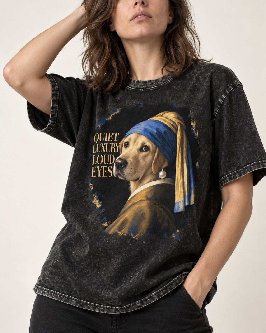 Labrador Retriever Quiet Luxury Loud Eyes Pearl Earring Graphic Washed Tee in Black, worn by a model, front view
