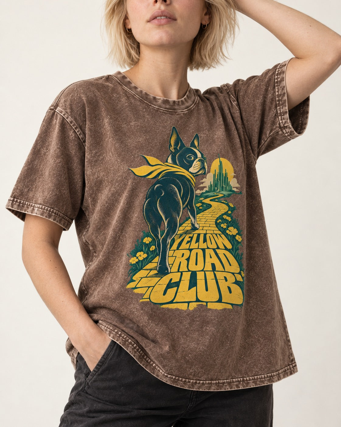 Boston Terrier Yellow Road Club Washed Tee in Coffee, worn by a model, front view