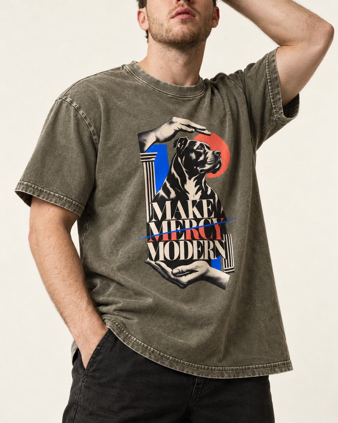 Pitbull Make Mercy Modern Protective Hands Graphic Washed Tee in Army Green, worn by a model, front view