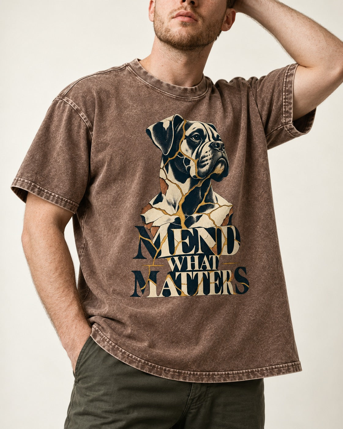 Mend What Matters Boxer Kintsugi Portrait Washed Tee in Coffee, worn by a model, front view