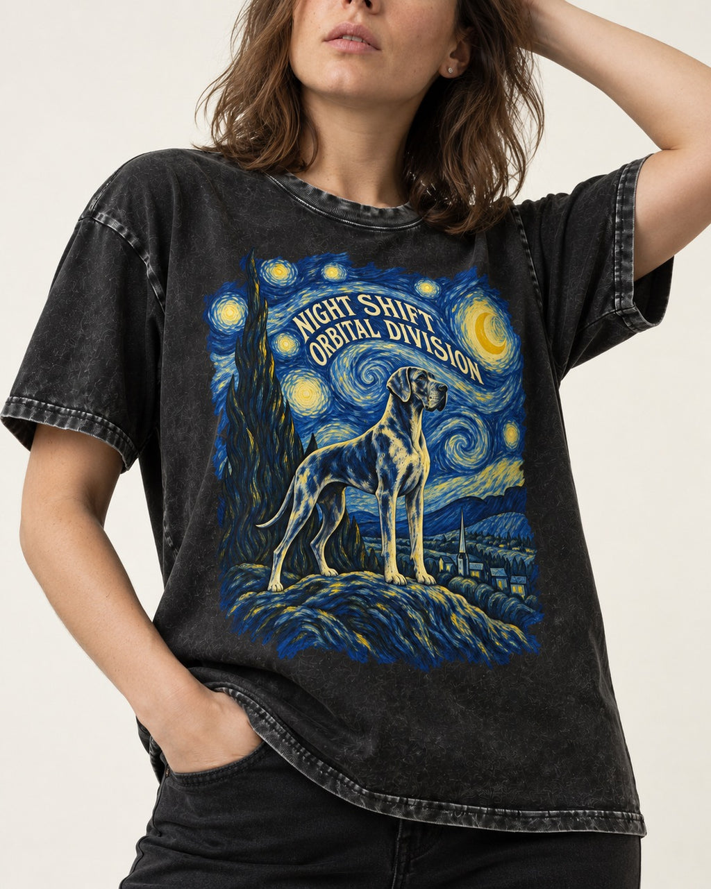 Great Dane Night Shift Orbital Division Starry Sky Graphic Washed Tee in Black, worn by a model, front view
