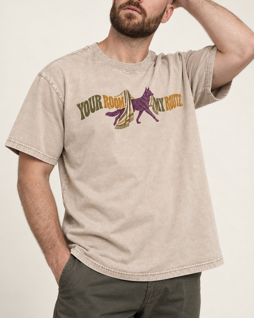 Your Room My Route German Shepherd Dog Washed Tee in Apricot, worn by a model, front view