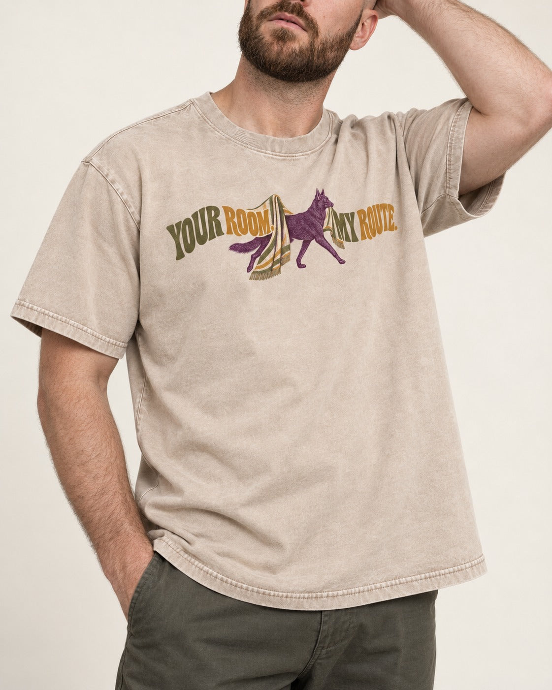 Your Room My Route German Shepherd Dog Washed Tee in Apricot, worn by a model, front view