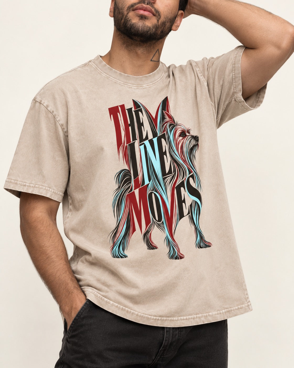 The One Moves Yorkshire Terrier Washed Tee in Apricot, worn by a model, front view