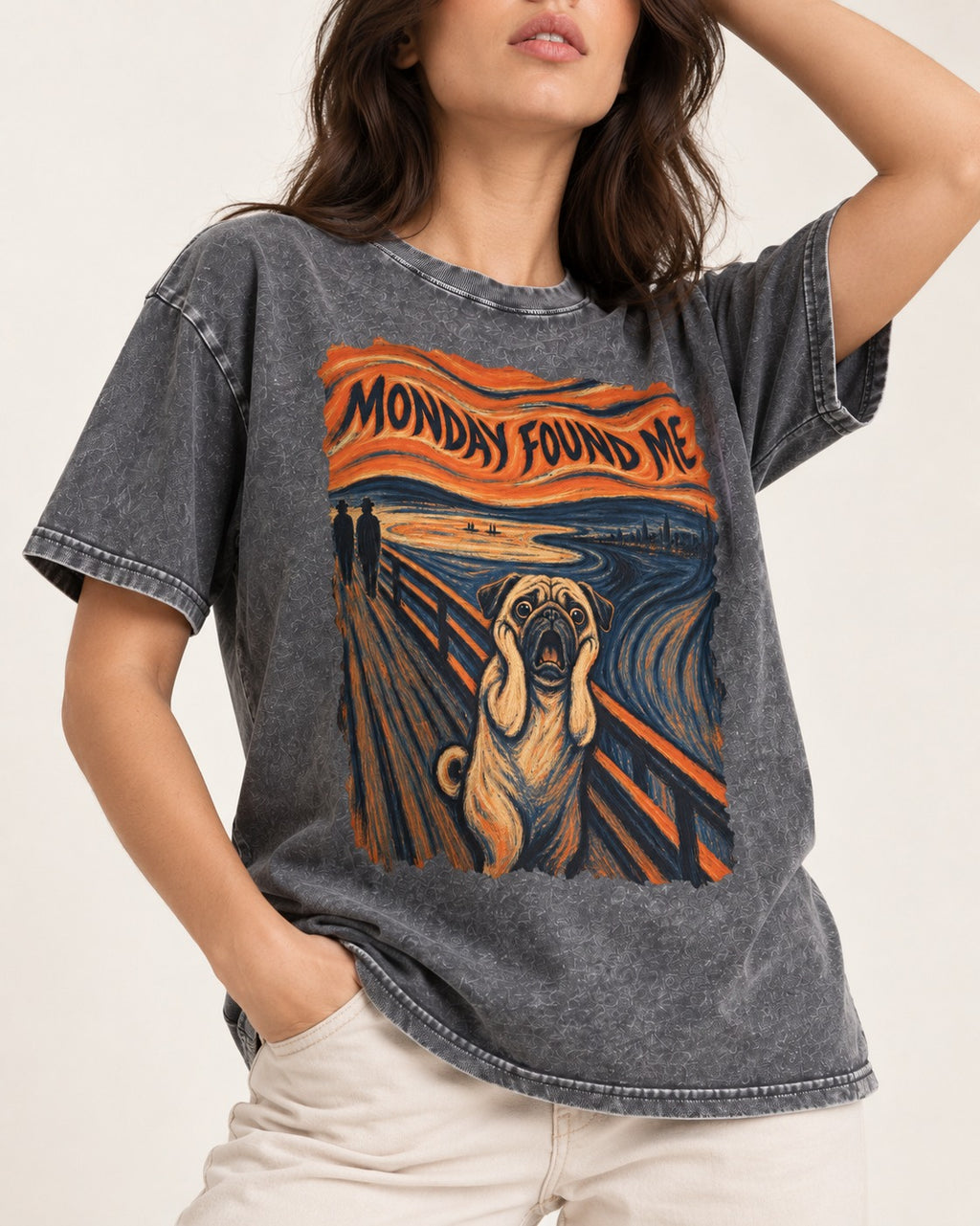Pug Monday Found Me Scream Parody Graphic Washed Tee in Gray, worn by a model, front view