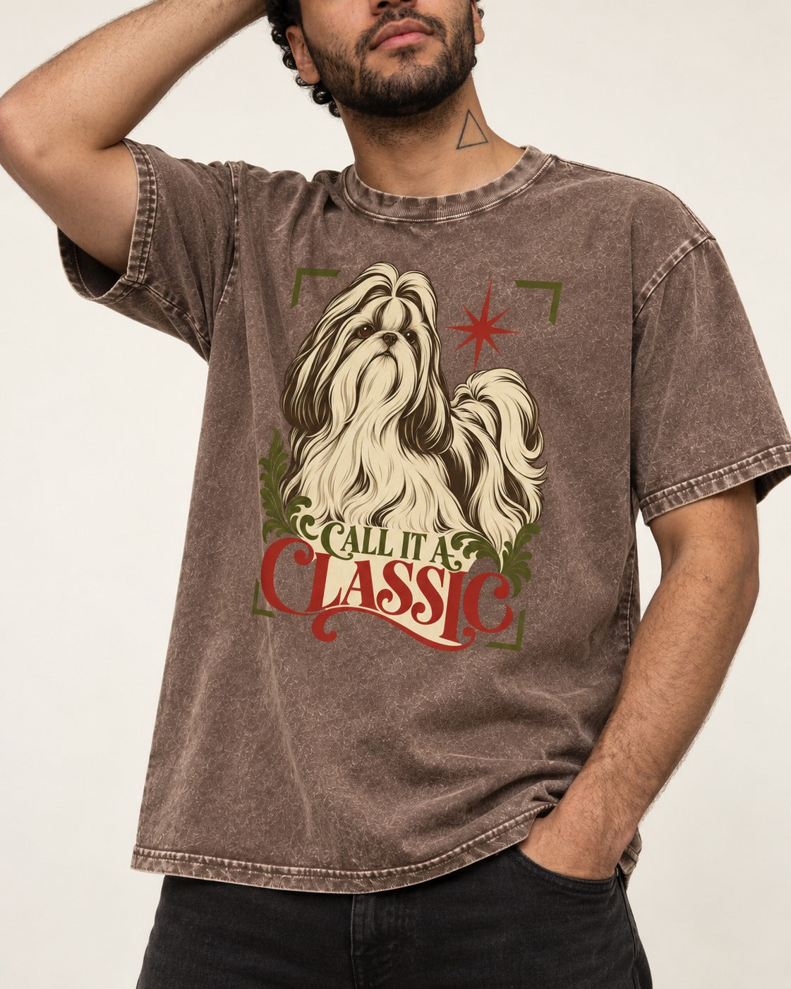 Call It a Shih Tzu Classic Washed Tee in Coffee, worn by a model, front view
