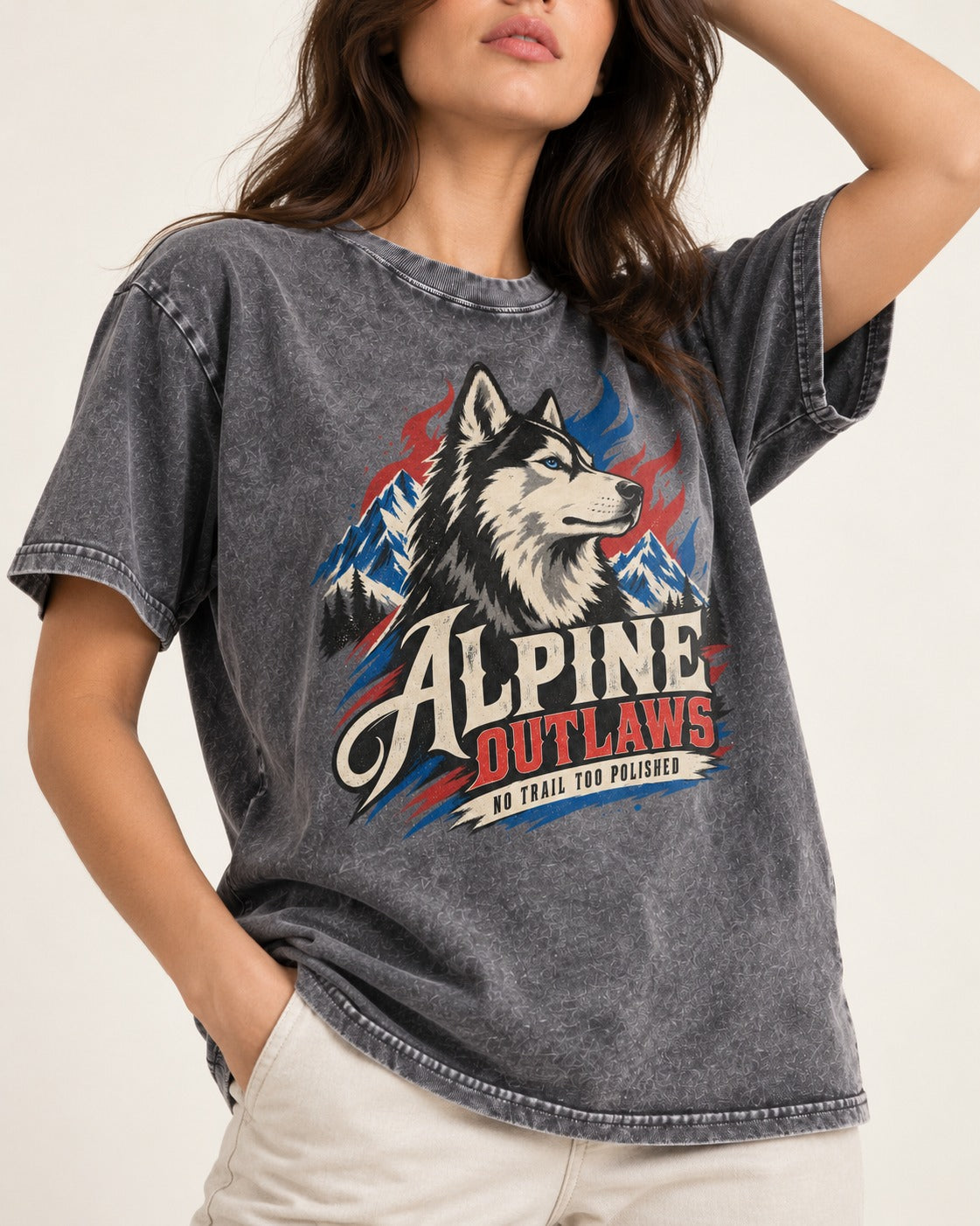 Husky Alpine Outlaws No Trail Too Polished Graphic Washed Tee in Gray, worn by a model, front view