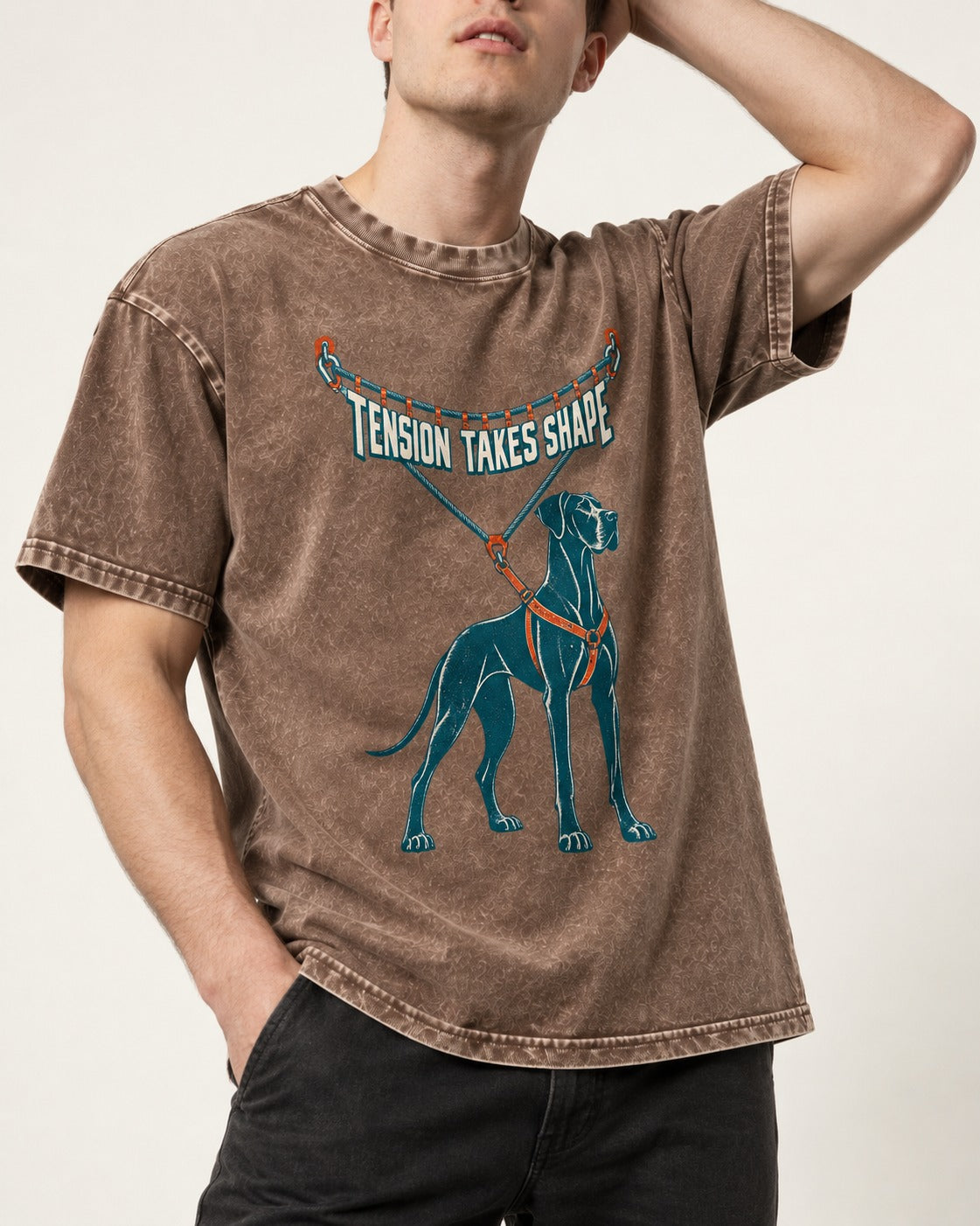 Great Dane Tension Takes Shape Washed Tee in Coffee, worn by a model, front view