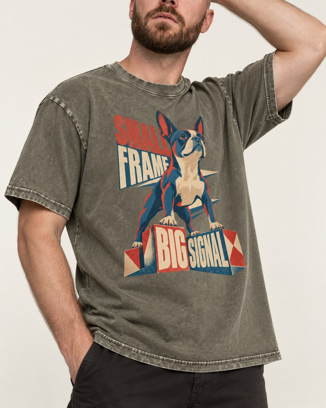 Small Frame Big Signal Boston Terrier Washed Tee in Army Green, worn by a model, front view