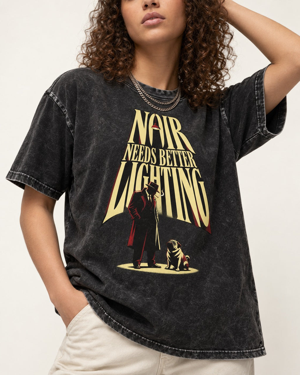 Pug Noir Needs Better Lighting Detective Graphic Washed Tee in Black, worn by a model, front view