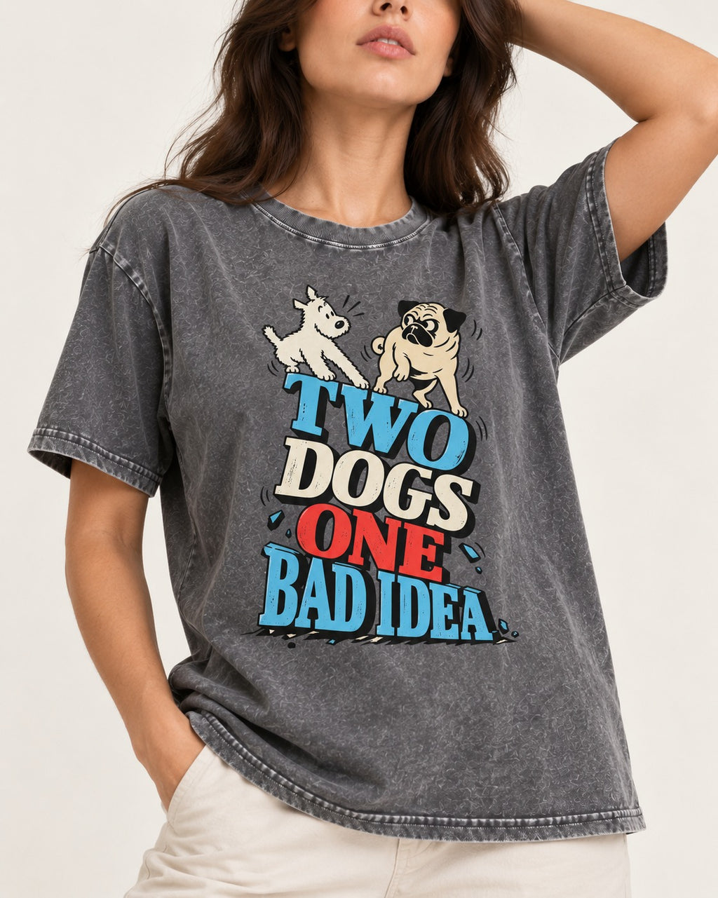 Pug Two Dogs One Bad Idea Graphic Washed Tee in Gray, worn by a model, front view