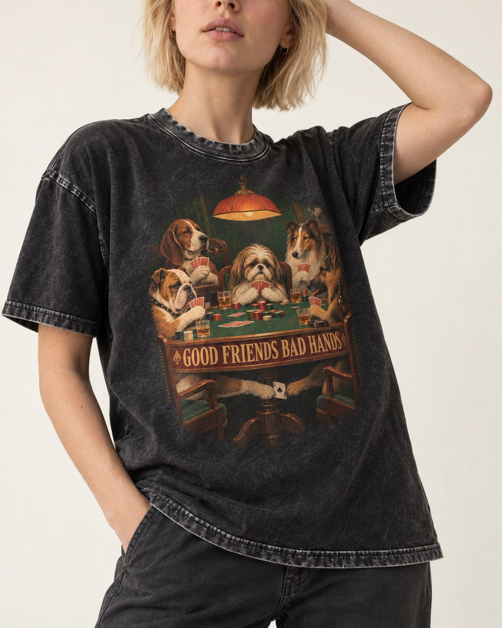 Shih Tzu Good Friends Bad Hands Poker Night Graphic Washed Tee in Black, worn by a model, front view